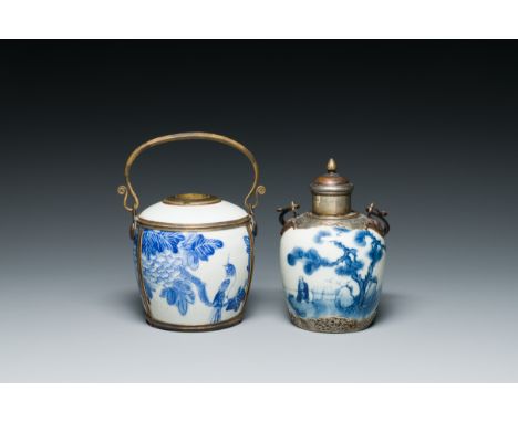 Full title: A Chinese blue and white 'Bleu de Hue' waterpipe and a tea caddy for the Vietnamese market, 19th C.Description:H.