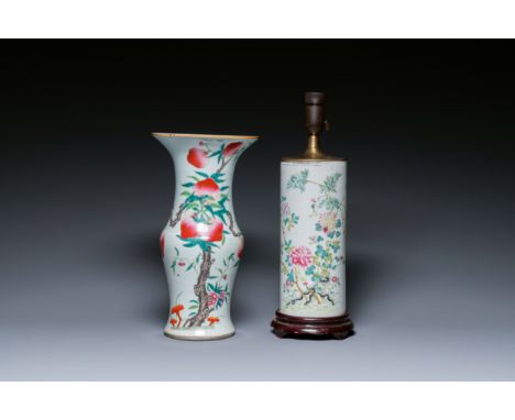 Full title: A Chinese famille rose 'nine peaches' vase and a lamp-mounted hat stand, 19th C.Description:H.: 36 cm (the nine p