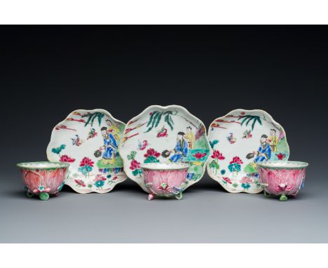 Full title: Three Chinese relief-decorated famille rose 'lotus' cups and saucers with a scholar and his servant, YongzhengDes