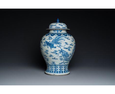 Full title: A Chinese blue and white 'dragons and phoenixes' vase and cover, Kangxi mark, 19th C.Description:H.: 42 cmConditi