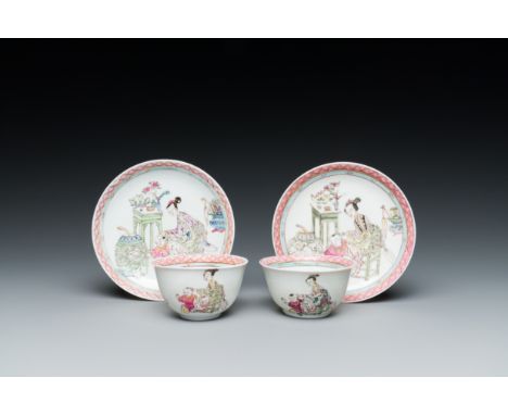 Full title: A pair of Chinese famille rose cups and saucers with a lady and a boy, YongzhengDescription:Dia.: 11,5 cm (the sa