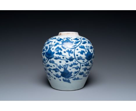 Full title: A Chinese blue and white 'lotus scroll' jar, Transitional periodDescription:H.: 25 cmCondition reports:Condition 