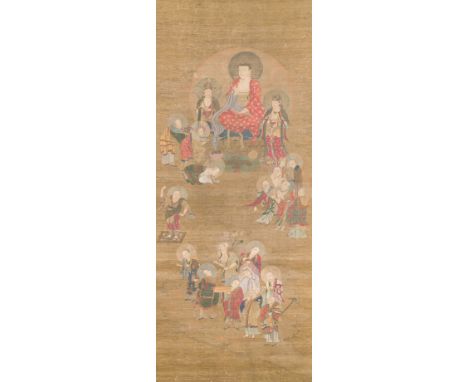 Full title: Chinese school: 'Buddha surrounded by Luohans', ink and colours on silk, 18th C.Description:Dim.: 238 x 83 cm (th