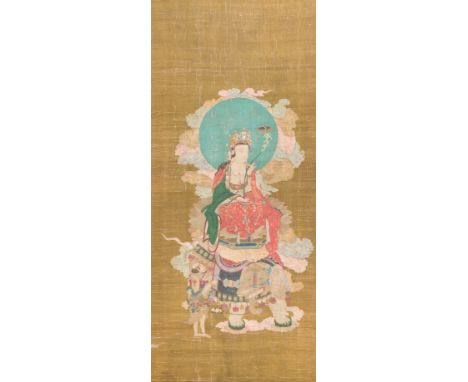 Full title: Chinese school: 'Samanthabadra riding the elephant with six tusks', ink and colours on silk, 17/18th C.Descriptio