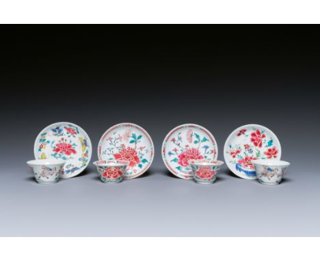 Full title: Four Chinese famille rose cups and saucers, YongzhengDescription:Dia.: 10,5 cm (the saucers)H.: 4 cm - Dia.: 6,5 
