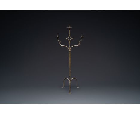 Full title: A large French gothic wrought iron three-lights candlestick, ca. 1500Description:H.: 131 cmCondition reports:Cond