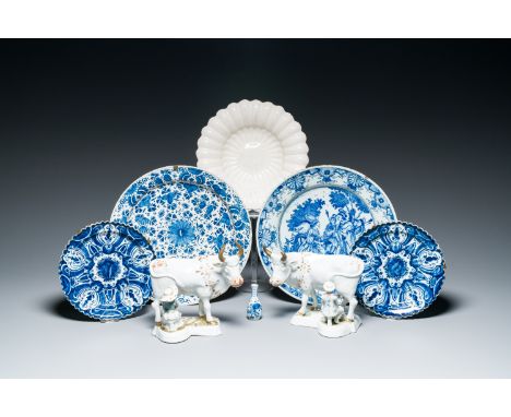 Full title: A varied collection of monochrome white and blue and white Dutch Delftware, 18th C.Description:Dia.: 34,5 cm - H.