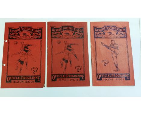 FOOTBALL, Arsenal home programmes, 1930s, inc. V Sheffield Wednesday, Bolton Wanders, Birmingham, hole punches (1), FR to G, 