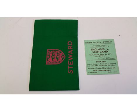 FOOTBALL, selection for England v Scotland, 1971, Stewards ticket &amp; armband, pink on green, EX, 2