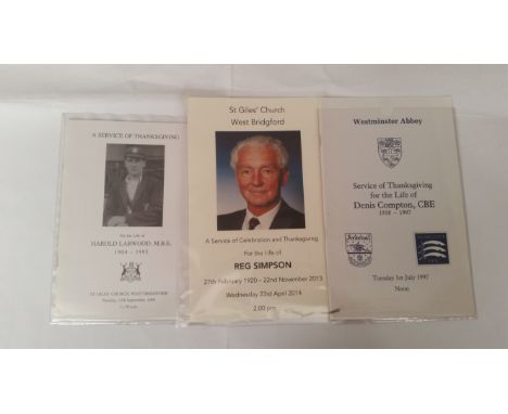 CRICKET, Orders of Service, inc. Len Hutton (1990), Harold Larwood (1995, 2), David Sheppard (2005), Brian Statham (2000), De