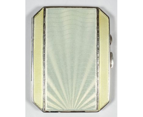 A George V silver cream and yellow guilloche enamel rectangular cigarette case with engine turned back, 8.5ins x 2.75ins, by 