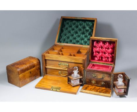 A late Victorian walnut jewellery box, the interior with two cut glass scent bottles, 7ins square x 7ins high, a Victorian fi