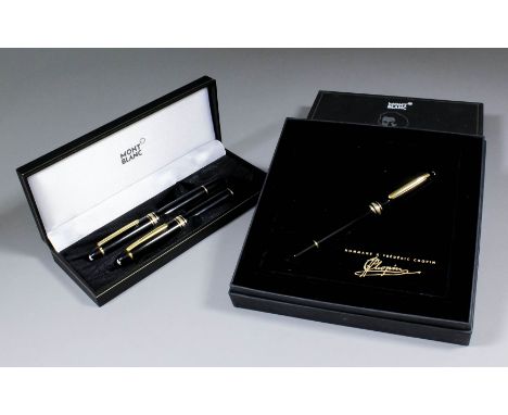 Two Mont Blanc Meisterstuck gilt trimmed roller ball pens and one other similar, smaller - Hommage Frederic Chopin, and box f