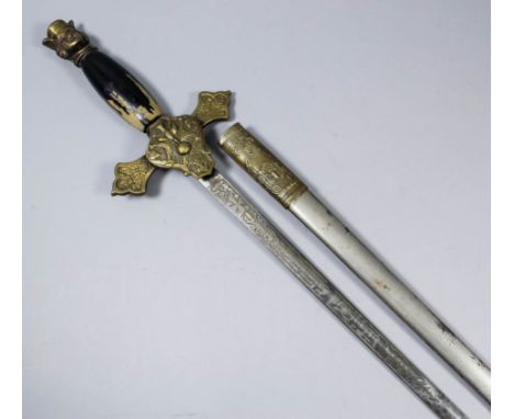 An American Knights of Columbus Society sword with bright steel etched blade and plain steel scabbard with brass fittings and