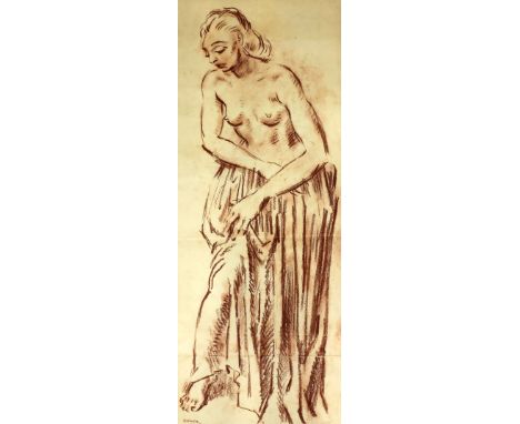 Colin Colahan (1897-1987) - Sanguine drawing - Full length study of a topless women, 30ins x 11.5ins, Charcoal and watercolou