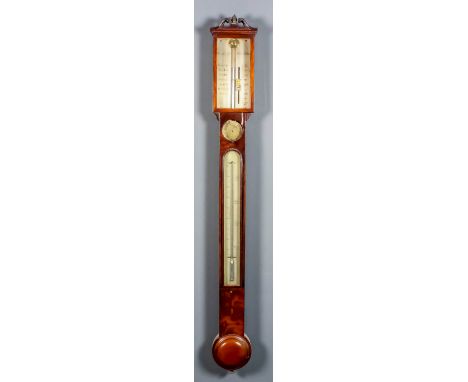 A George III mahogany stick barometer and thermometer by Fasana, No. 35, Milsom Street, Bath, with silvered vernier scale and