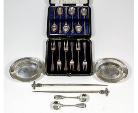An Edward VII silver meat skewer with Prince of Wales feather finial,  by William Hutton & Sons Ltd, a similar meat skewer, S