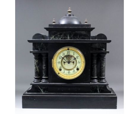 A late 19th Century American black slate and green veined marble cased mantel clock by the Ansonia Clock Company, the 4.25ins