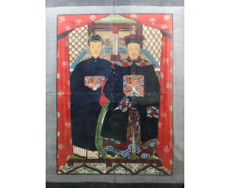 Chinese school - Scroll painting - Interior with seated figure of a Mandarin and his wife, flanked by red curtains, 29.5ins x