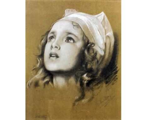 After Herbert James Draper (1864 - 1920) - Lithograph - Portrait of a young girl wearing a cap, 11ins x 9ins, signed in penci