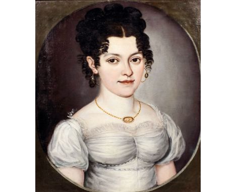 Early 19th Century Continental school - Oil painting - Shoulder length portrait of a young woman in cream dress, canvas laid 