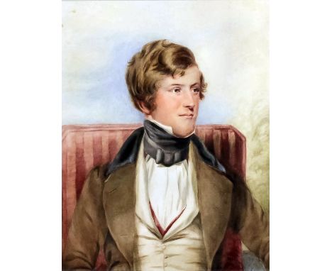19th Century English School - Watercolour - Half length portrait of a young gentleman wearing high collar and brown jacket, 8