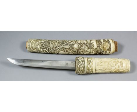 A late 19th/early 20th Century Japanese dagger, the 7.5ins blade with carved bone grip and sectional carved bone scabbard, (e