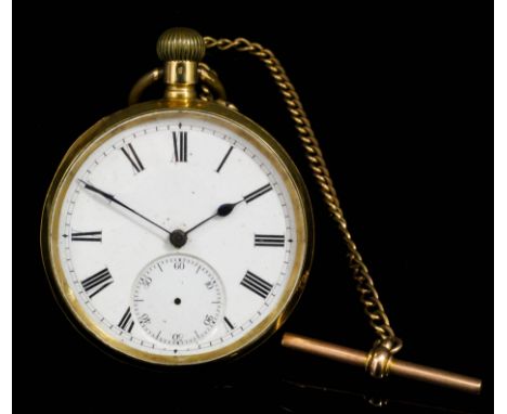 A late 19th/early 20th Century gentleman's 18k gold open faced keyless lever pocket watch, the white enamel dial with Roman n