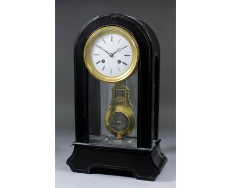 A late 19th Century French ebonised and brass inlaid mantel clock, No .974 31, the 4.5ins white enamel dial with Roman numera