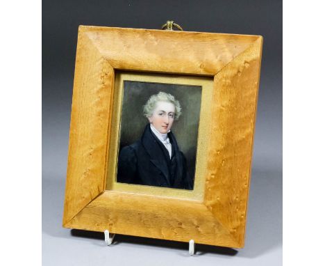 Early 19th Century school - Portrait miniature - Young man with high collar and black waistcoat and overcoat, thought to be o