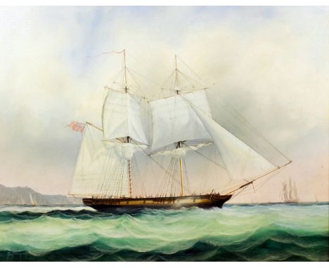 Tim Thompson (born 1951) - Oil painting - View of a two masted Sailing Ship off coast, canvas 16ins x 20ins, signed, in gilt 