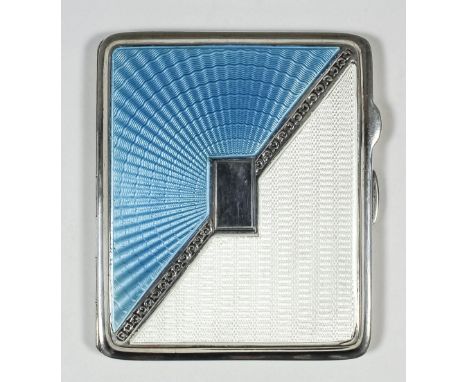 A George V silver sky blue and white guilloche enamel rectangular cigarette case with rectangular vacant cartouche to lid and