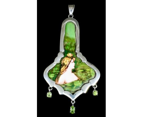 A modern Continental silver enamel and peridot set pendant in the "Art Nouveau" manner, the face with an enamelled shoulder l