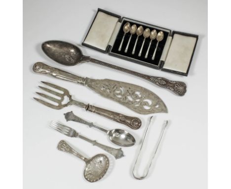A Victorian silver dessert spoon and fork, the shaped handle engraved with lozenge ornament, by Martin Hall & Co, London 1873