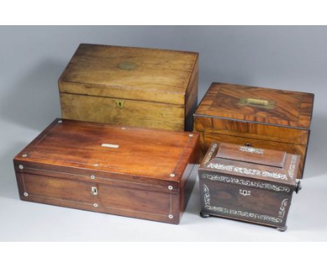 A Victorian mahogany and mother-of-pearl inlaid writing box, 15.75ins x 9.25ins x 4.5ins high, a Victorian walnut stationary 
