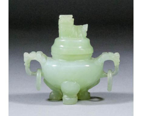 A Chinese jade two handled censor, the lid surmounted by a dog of Fo, 3.5ins wide x 3ins high