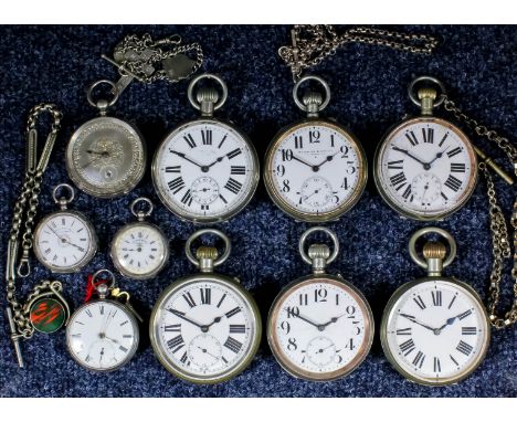 Six Goliath keyless pocket watches, the enamel dials with Roman and Arabic numerals, in nickel plated cases, twelve other lad