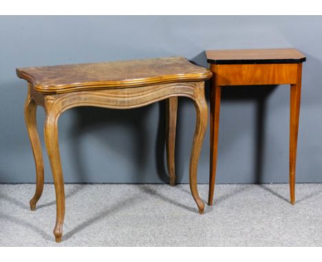 A 19th Century French walnut card table of serpentine outline, with quartered burr walnut veneered top, with folding baize li