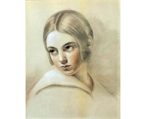 19th Century English School - Pastel - Shoulder length portrait of a young girl with wide collar, 10.5ins x 8.5ins , De Gaunt