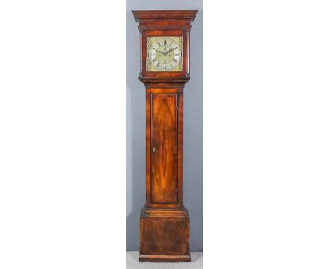 A walnut longcase clock, the 12ins square brass dial with white silvered chapter ring, with Roman and Arabic numerals, the ma