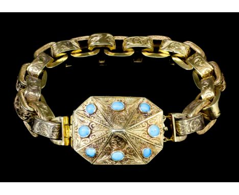 A late Georgian gold coloured metal and turquoise set bracelet, the heavy oblong links chased and engraved with foliate leafa