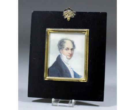 Early 19th Century English school - Watercolour - Miniature portrait of a young gentleman wearing high collar and black jacke