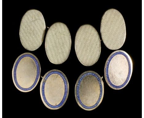 A pair of George V gentleman's 9ct gold and blue enamel oval faced cufflink's, 18mm x 12mm overall (gross weight 7 grammes), 