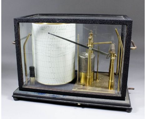 A Negretti and Zambra (No. R/45391-2656) recording barograph in black metal finish case with glazed lifting cover, 14.5ins wi