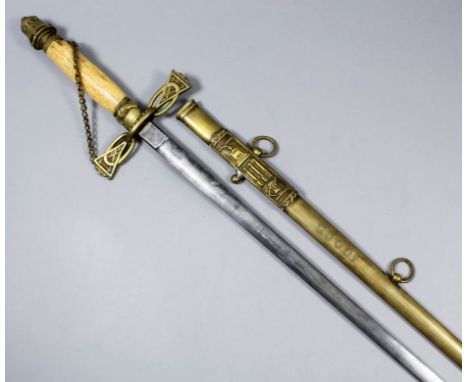 An English ceremonial sword from The Order of Odd Fellows, with bright steel blade, brass scabbard and decorated with emblems