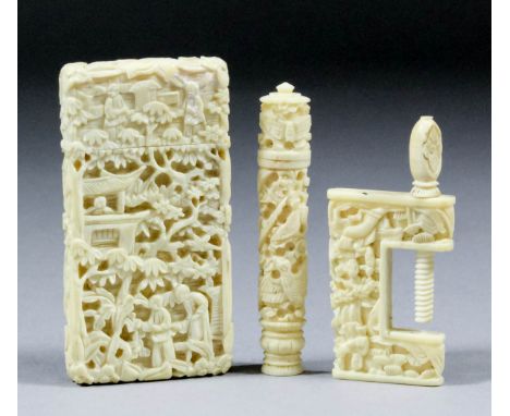 A 19th Century Chinese "Cantonese" carved ivory rectangular card case, the sides deeply carved with figures in landscapes, 2.