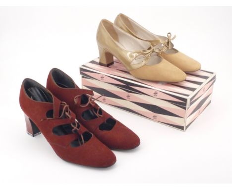 Two pairs of 1970s dress shoes, including a boxed pair of Miss Holmes honey patent leather / cygnet suede heels with bow fast