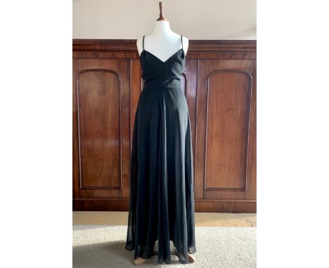 1960s ladies' evening gowns including a Blanes black viscose-twill shift maxi dress and removable sleeveless swing overlay, t