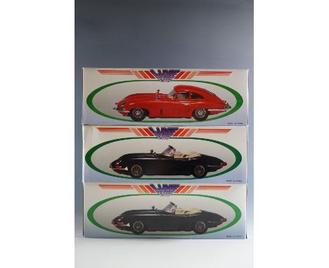 Three boxed Luxe Car large-scale model E-Type Jaguar cars