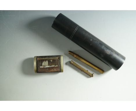 Collectors' items, including a late 19th Century ebonised hat pin pot, with 'C' monogram to the terminal, a wooden snuff box 